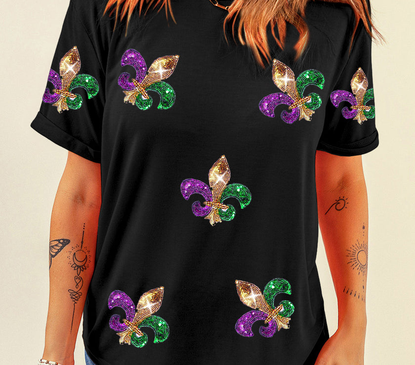 Black Mardi Gras Symbol Patched Crewneck T Shirt