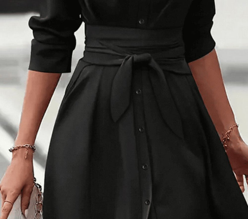 Collared Neck Long Sleeve Midi Shirt Dress