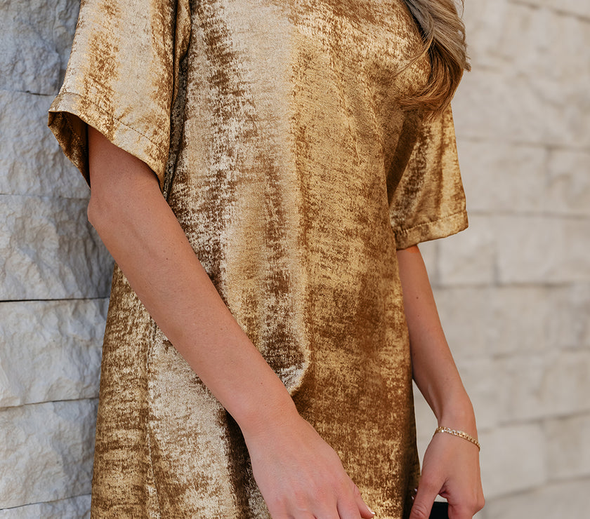 Gold Metallic Luster Crewneck Mini T-Shirt Dress