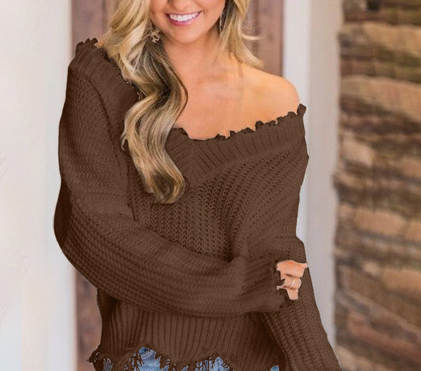 Frayed Hem Dropped Shoulder Sweater