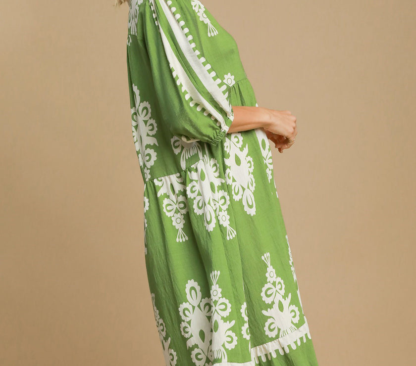 Umgee Printed Notched Midi Dress