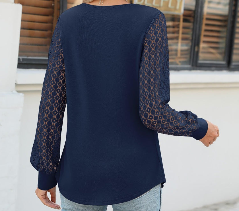 Cutout Round Neck Lace Long Sleeve Blouse