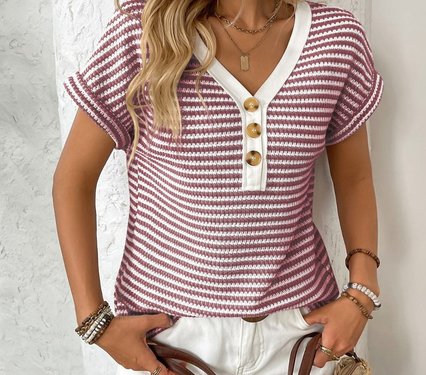 Striped V-Neck Short Sleeve T-Shirt