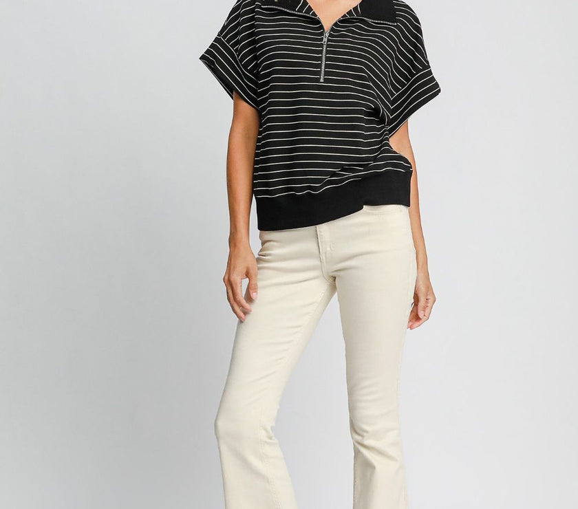 Umgee Striped Half Zip Short Sleeve Sweatshirt