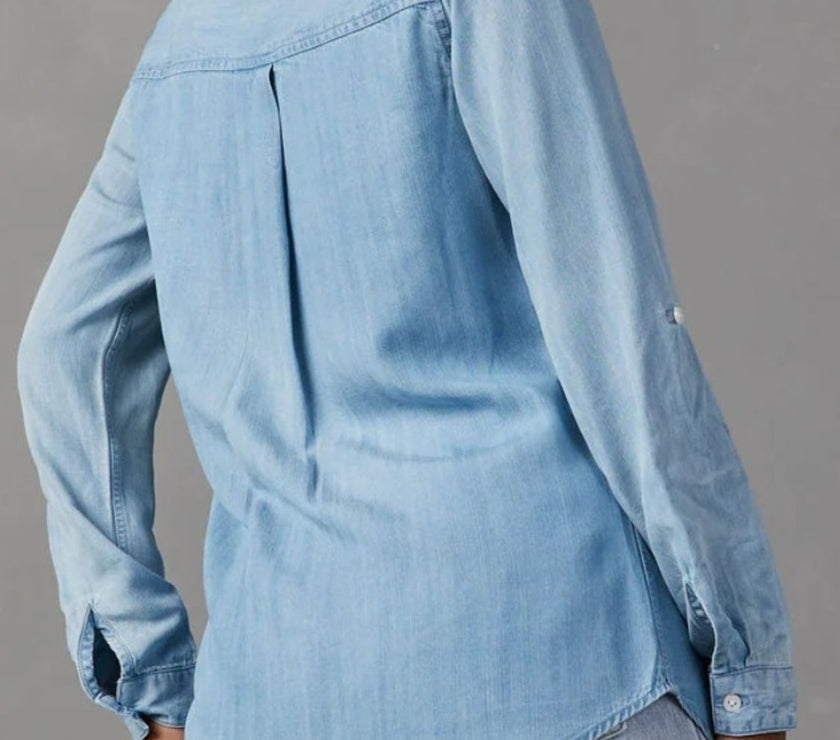 Collared Neck Roll-Tab Sleeve Denim Top