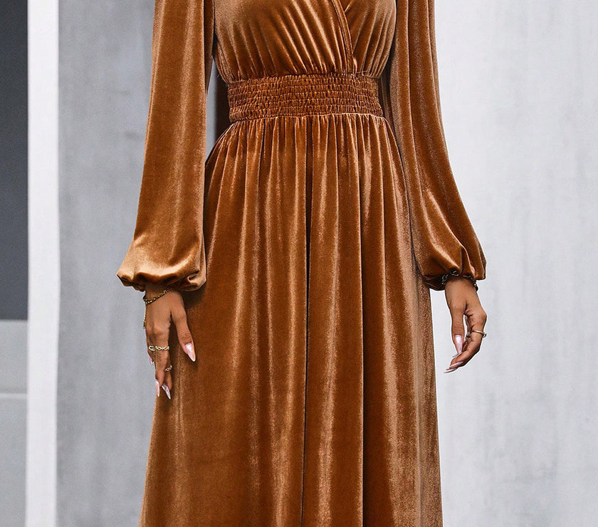 Surplice Balloon Sleeve Smocked Midi Dress