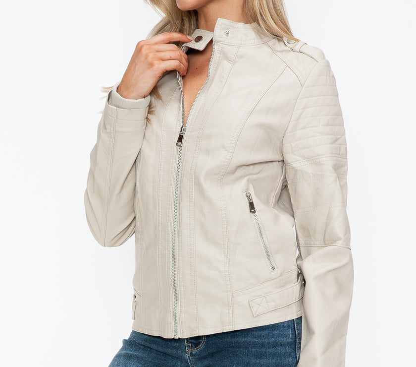 Snobbish PU Leather Biker Jacket with Side Zip Pockets