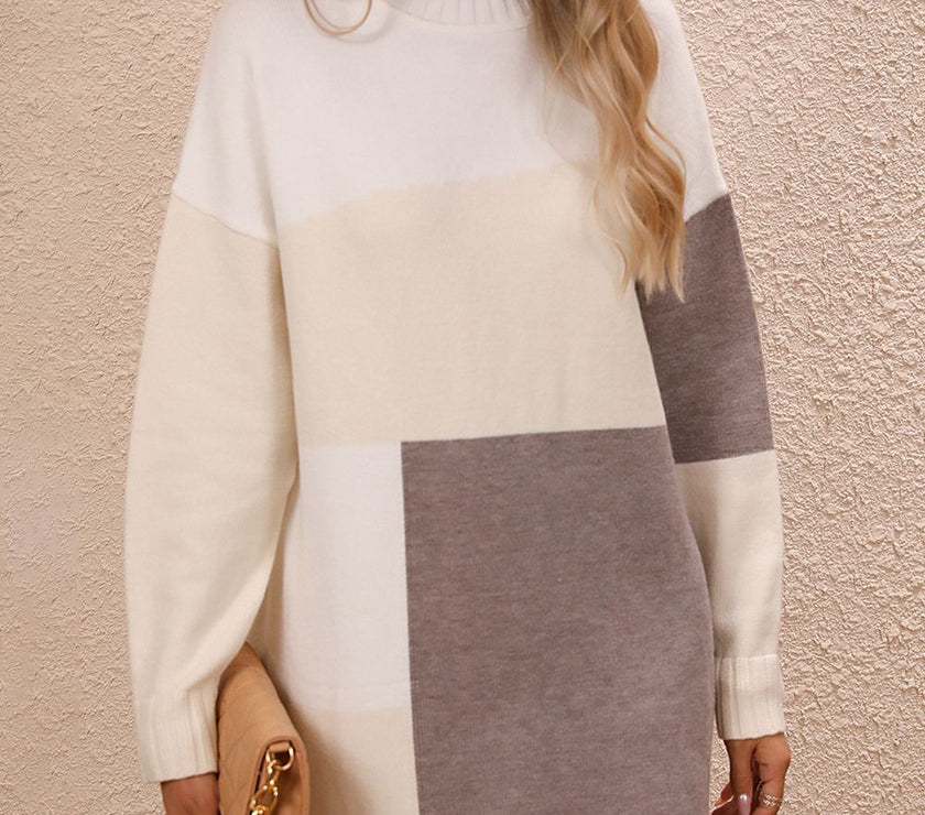 Color Block Mock Neck Dropped Shoulder Sweater Dress
