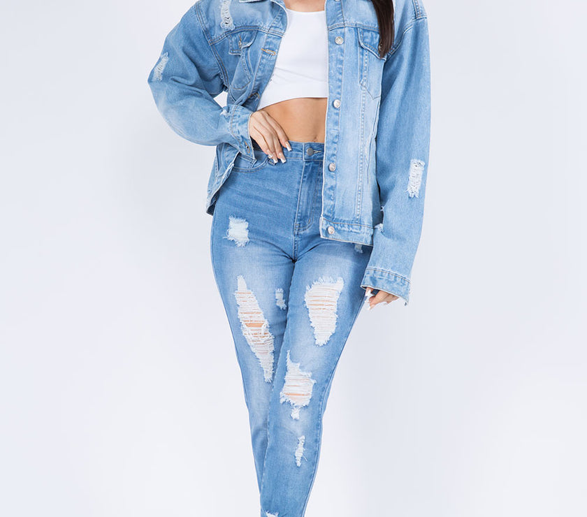 American Bazi Full Size Painted Back Distressed Denim Jacket