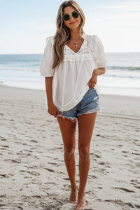 White Embroidered Lace Patchwork Tie Neck Puff Short Sleeve Blouse