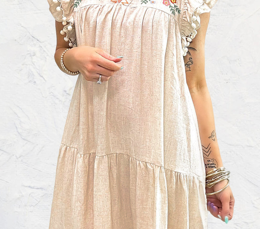 Jet Stream Linen Embroidery Split Neck Pom Pom Ruffle Sleeves Flowy Short Dress