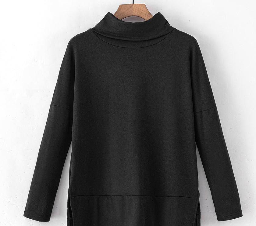 Side Slit High-Low Cowl Neck Long Sleeve Blouse
