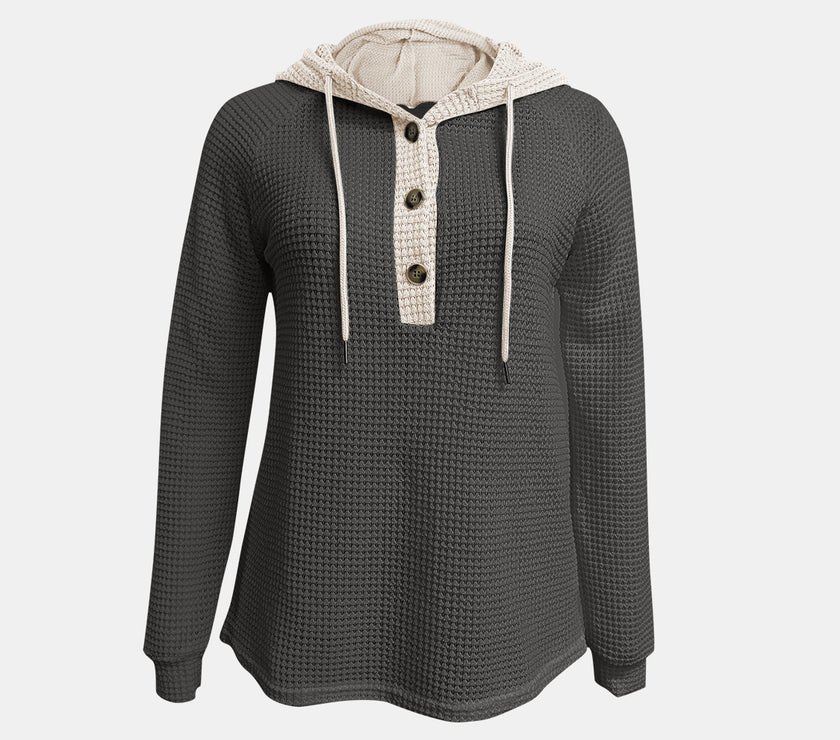 Full Size Waffle-Knit Contrast Long Sleeve Hoodie