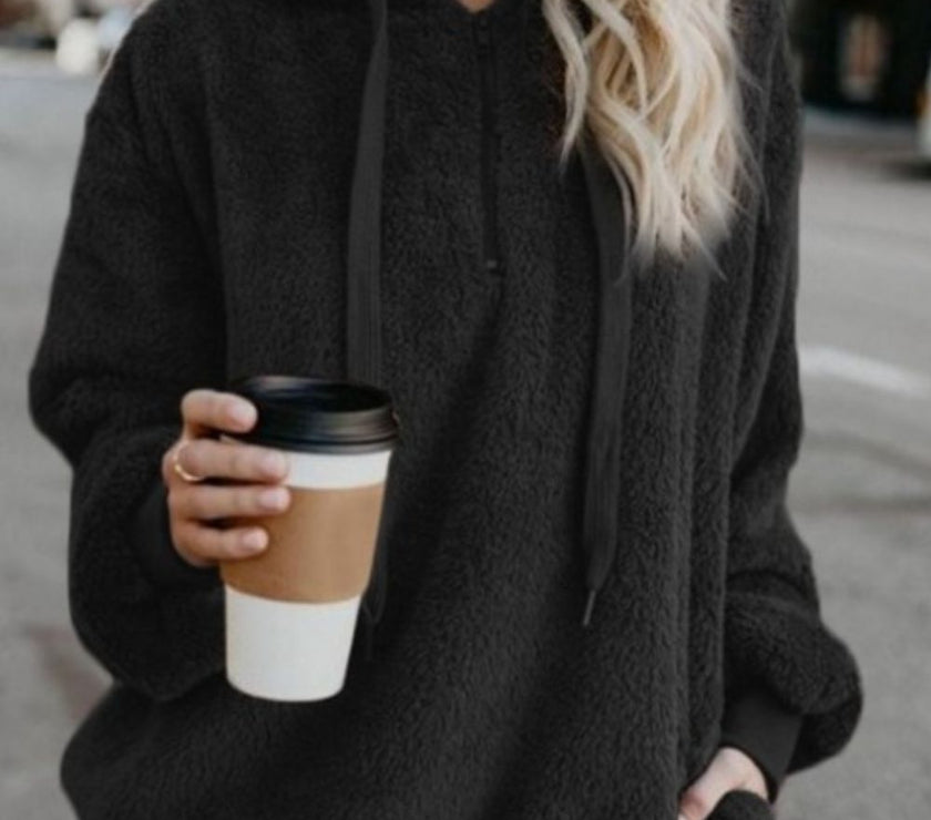 Full Size Quarter-Zip Drawstring Teddy Hoodie