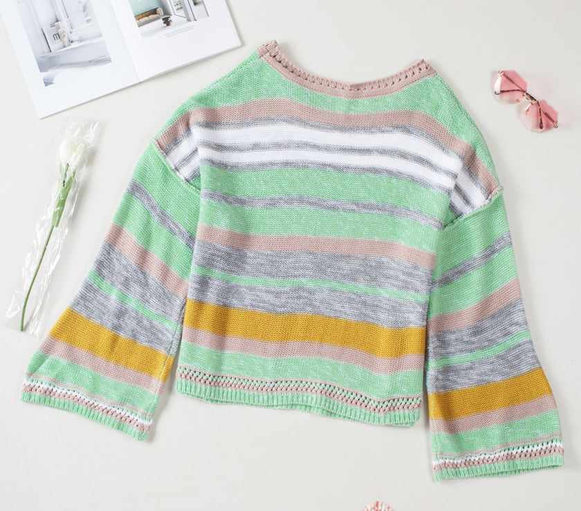Contrast Striped Boat Neck Dropped Shoulder Sweater