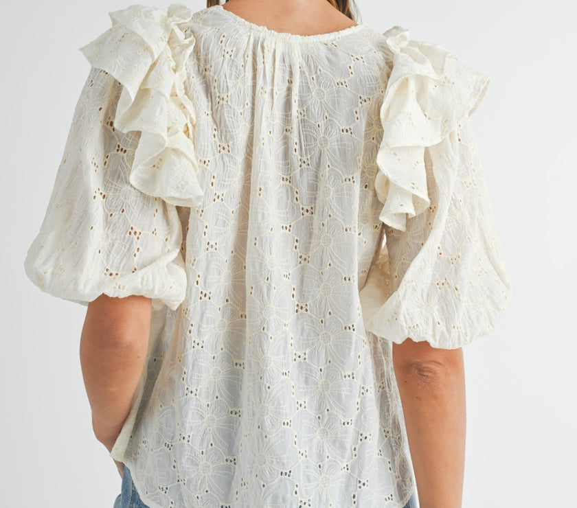 MABLE Eyelet Lace Ruffle Shoulder Puff Sleeve Blouse