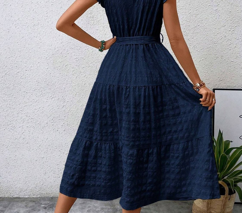 Tied Ruffled Cap Sleeve Midi Dress