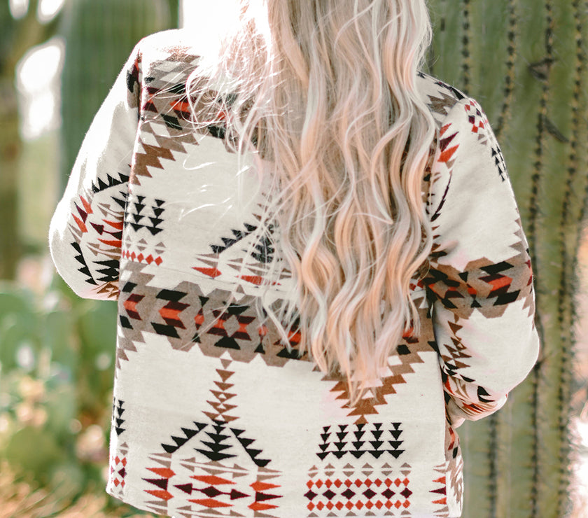 Beige Aztec Printed Stand Neck Zip Up Jacket