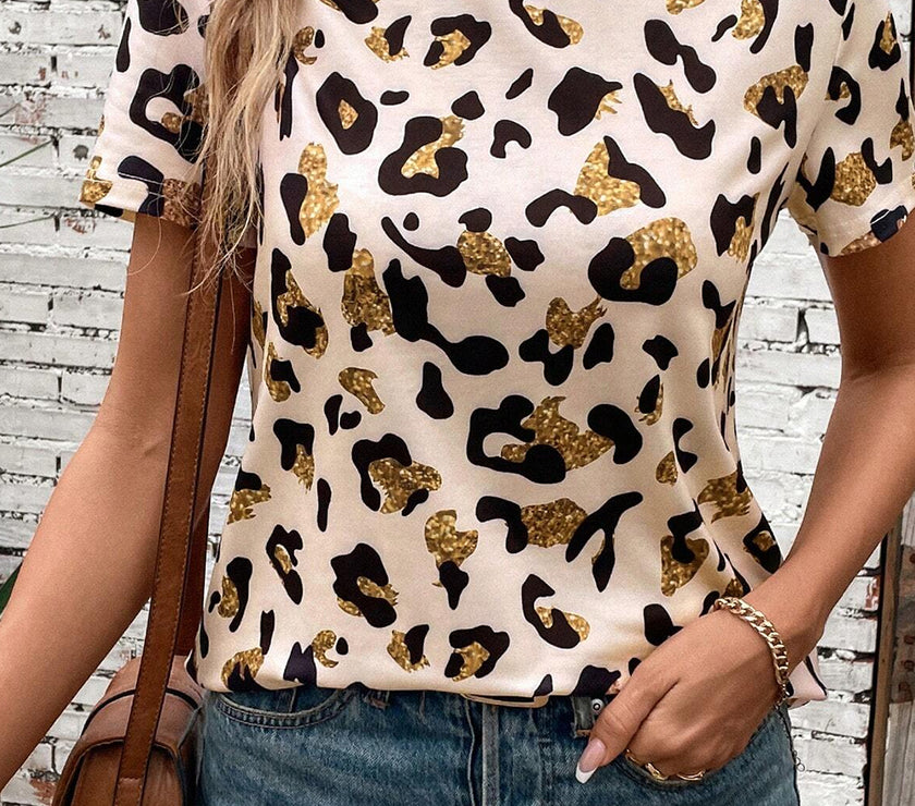 Apricot Leopard Print Round Neck Casual T Shirt