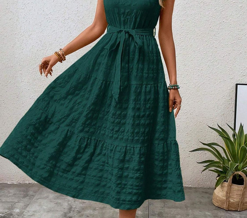 Tied Ruffled Cap Sleeve Midi Dress