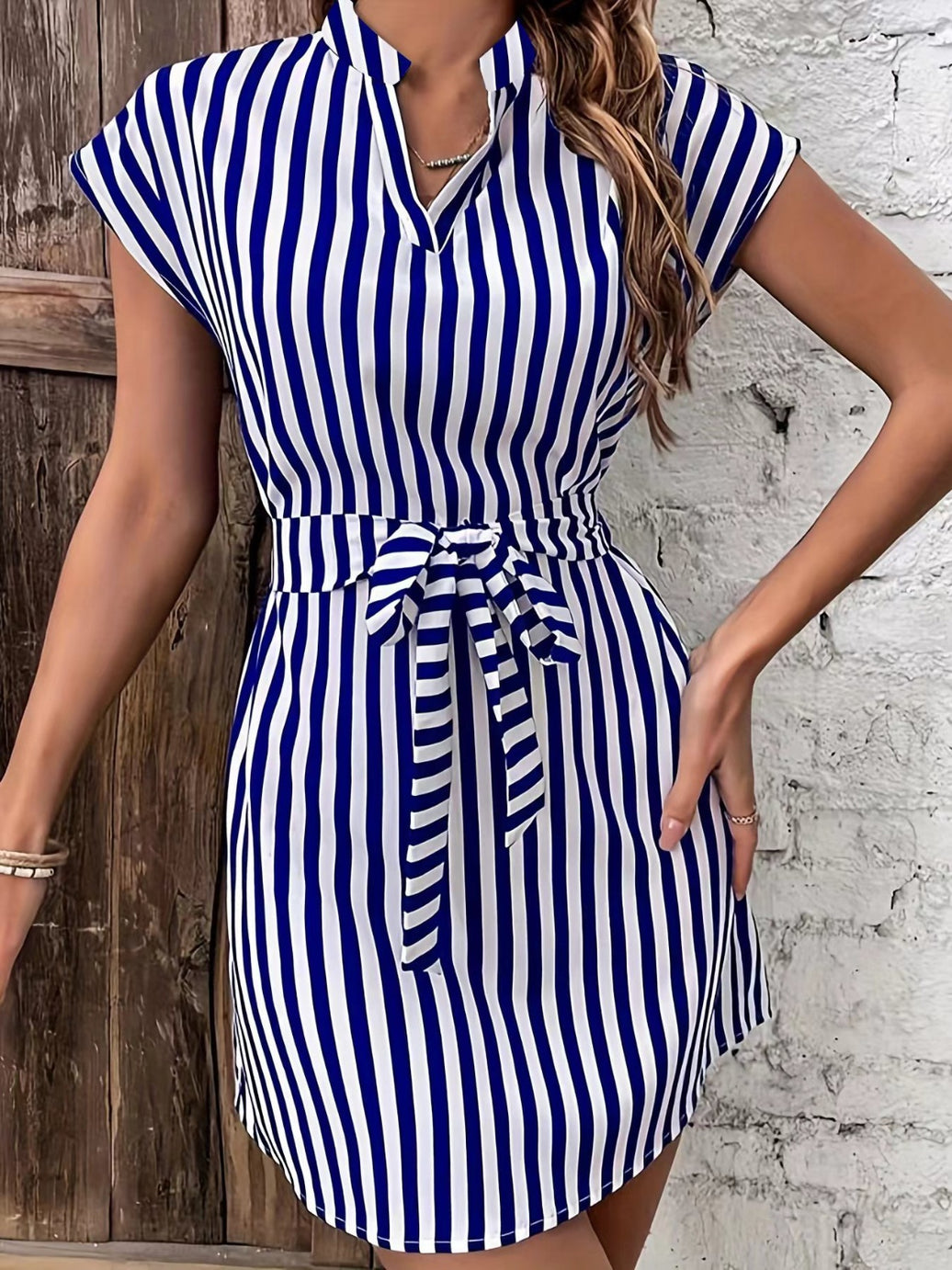 Tied Striped Cap Sleeve Mini Dress