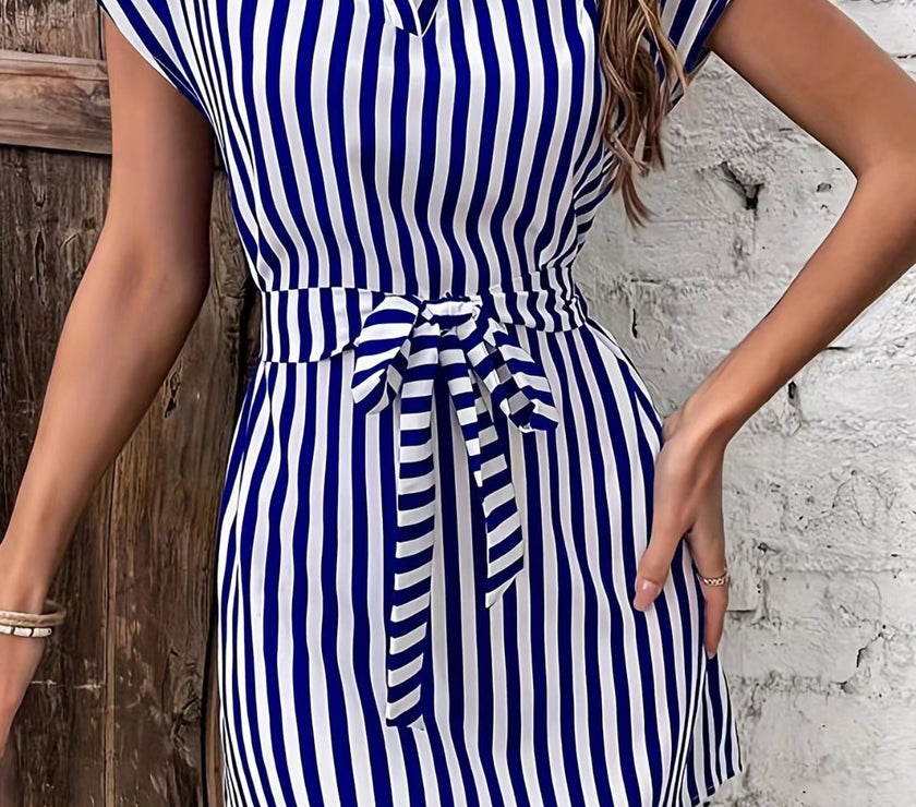 Tied Striped Cap Sleeve Mini Dress