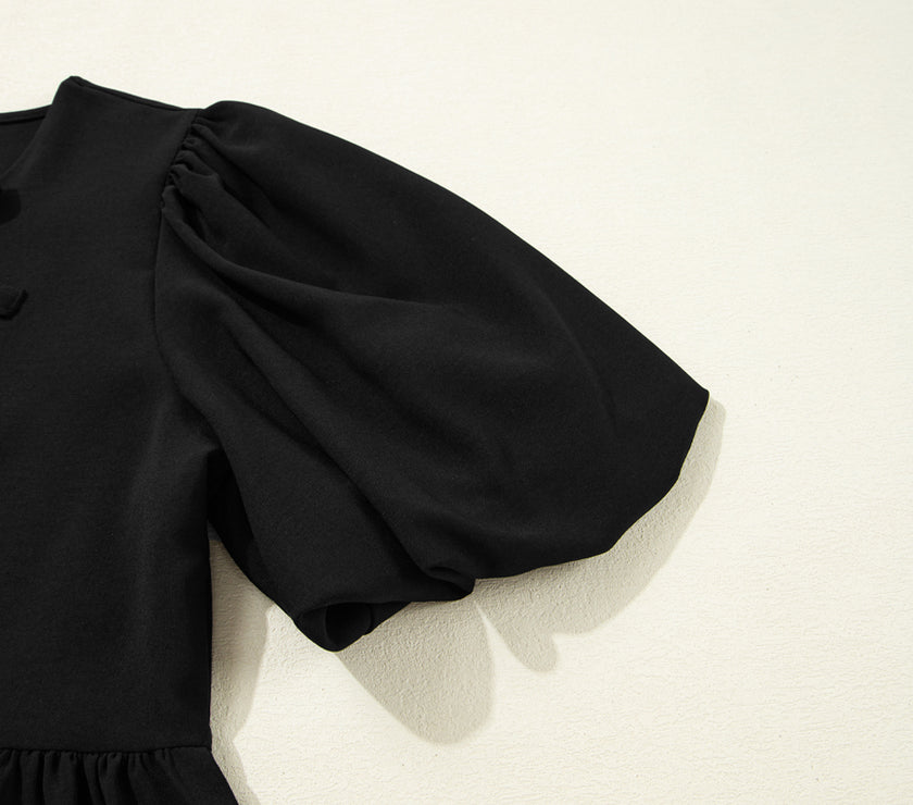 Black Puff Sleeve Bowknot Front Peplum Blouse