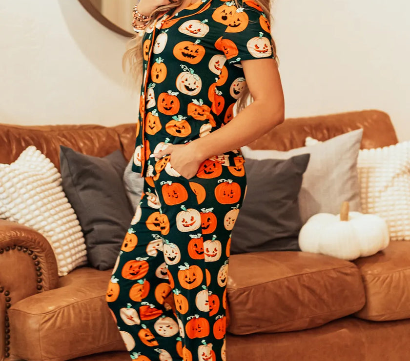 Pumpkin Printed Short Sleeve Top and Pants Lounge Set