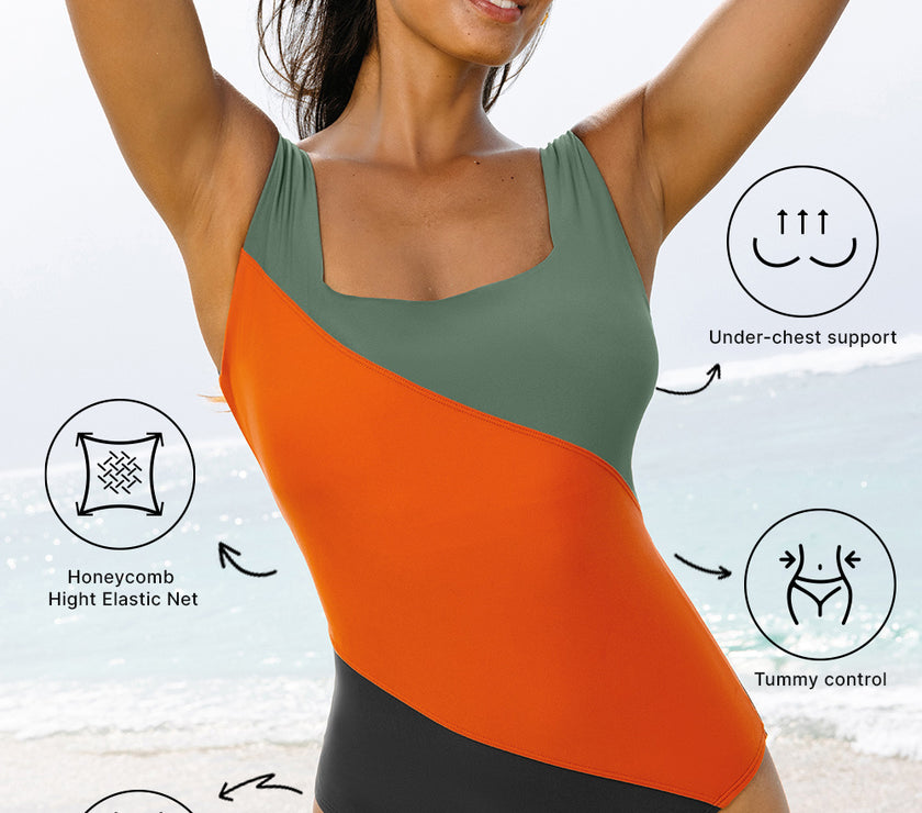 Duffel Green Color Block Padded Square Neck One Piece Swimsuit