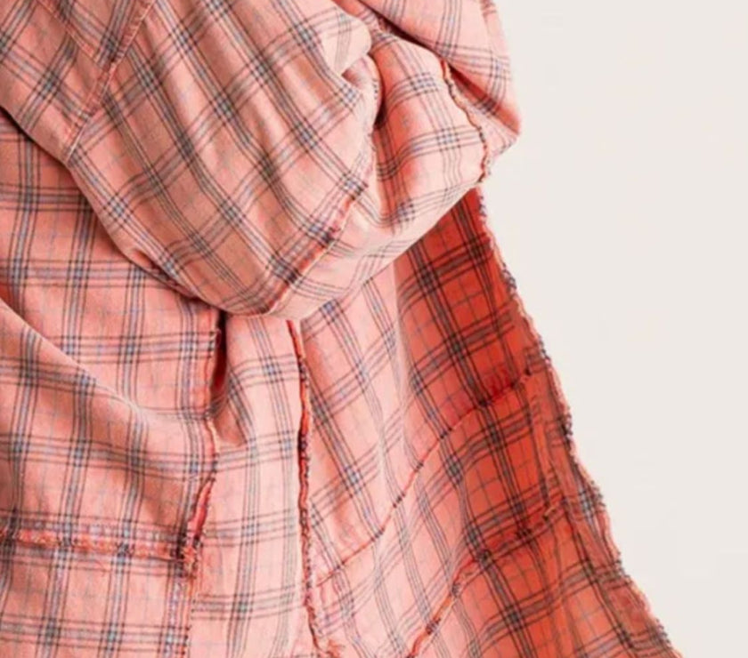 Exposed Seam Plaid Collared Neck Long Sleeve Shirt