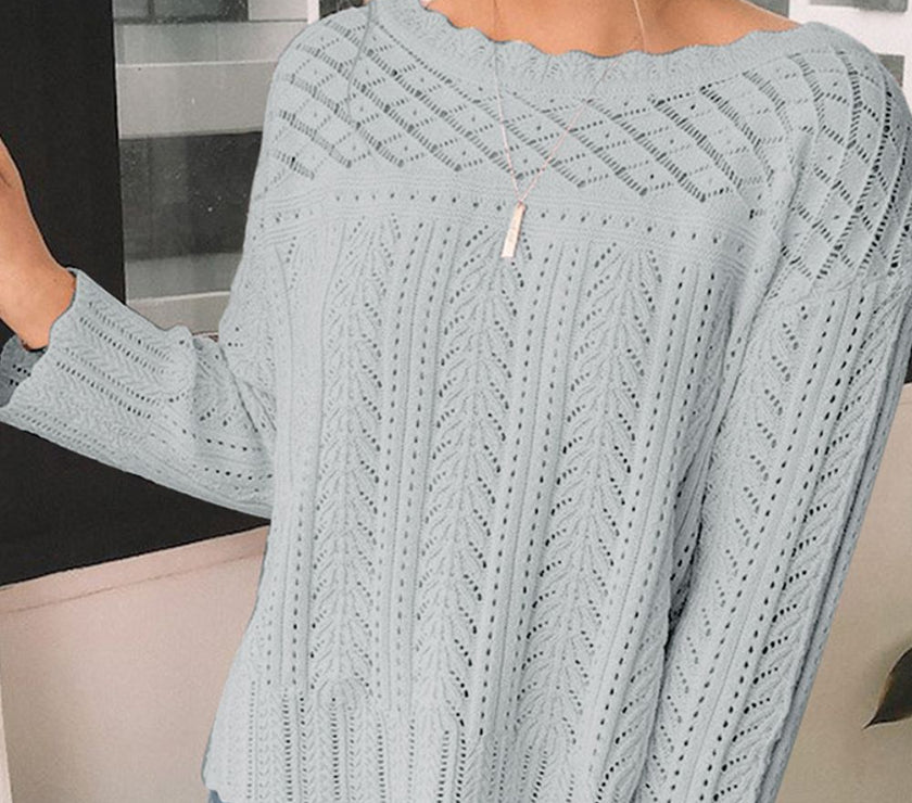 Openwork Round Neck Long Sleeve Knit Top
