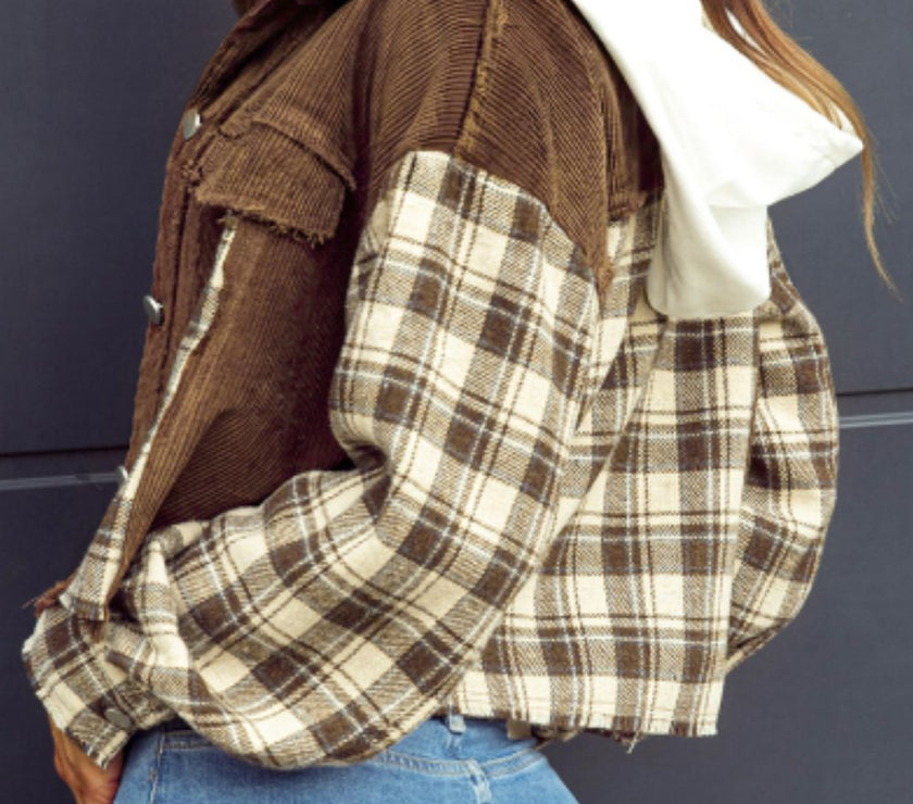 Raw Hem Plaid Cropped Hooded Jacket