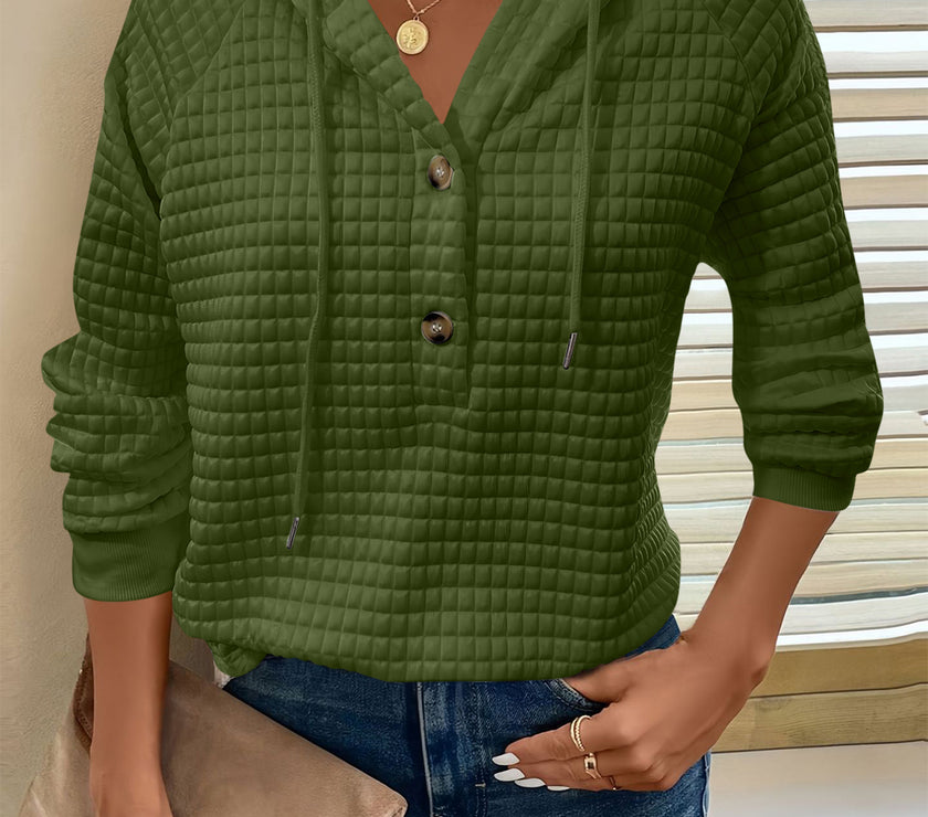 Full Size Texture Button Detail Drawstring Long Sleeve Hoodie