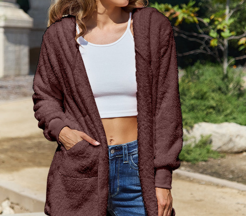 Full Size Teddy Hooded Jacket with Pockets