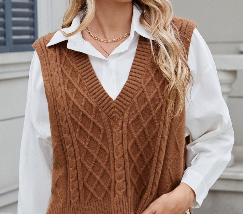 Cable-Knit V-Neck Sweater Vest
