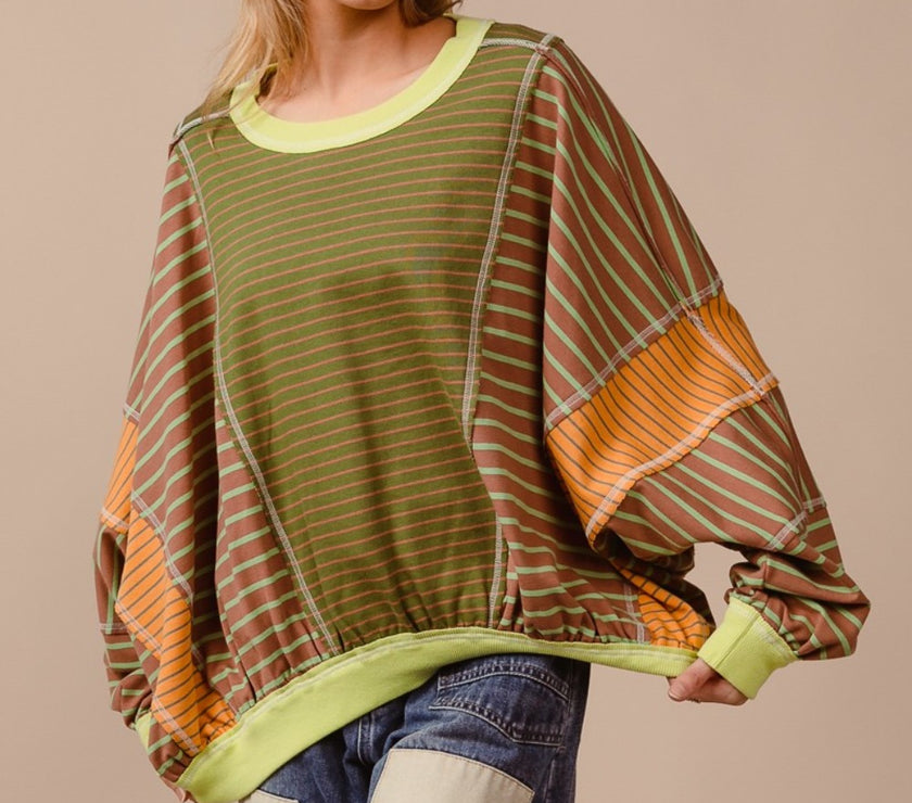 BiBi Color Block Striped Round Neck Sweatshirt