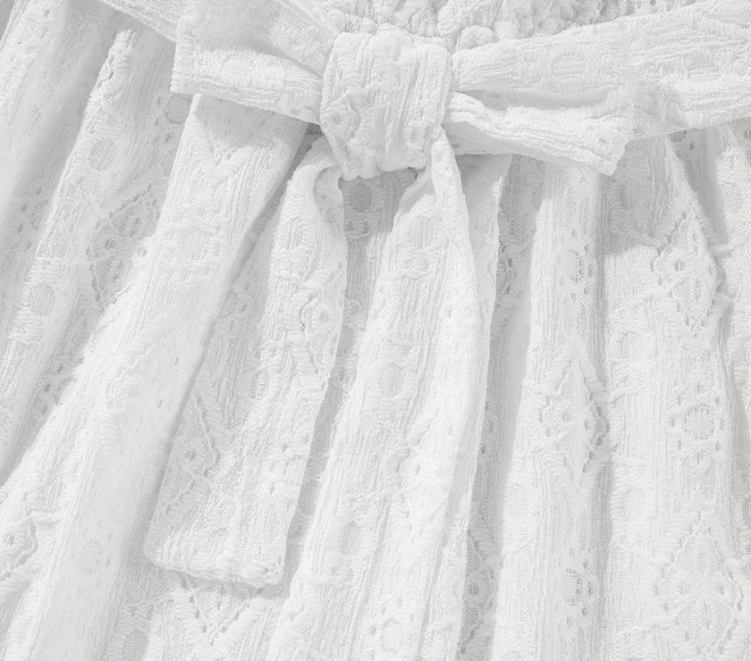 White Lace Sleeveless Knot Hollow Out Back Tied Waist Mini Dress