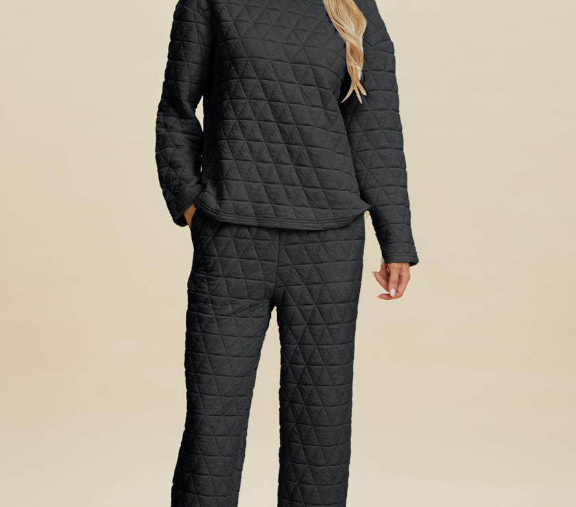 Double Take Full Size Texture Round Neck Long Sleeve Top and Pants Set