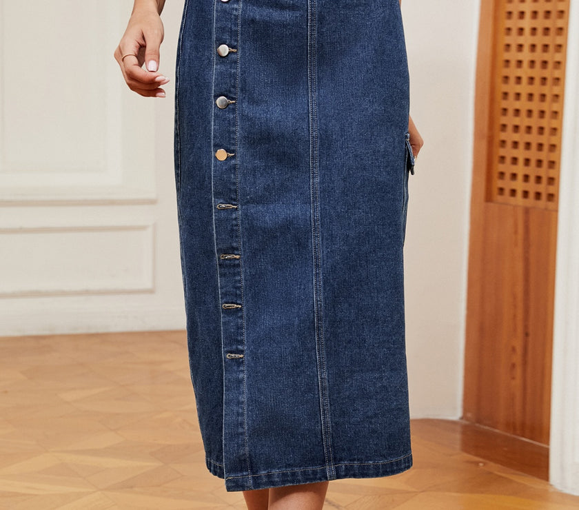 Button Down Midi Denim Skirt