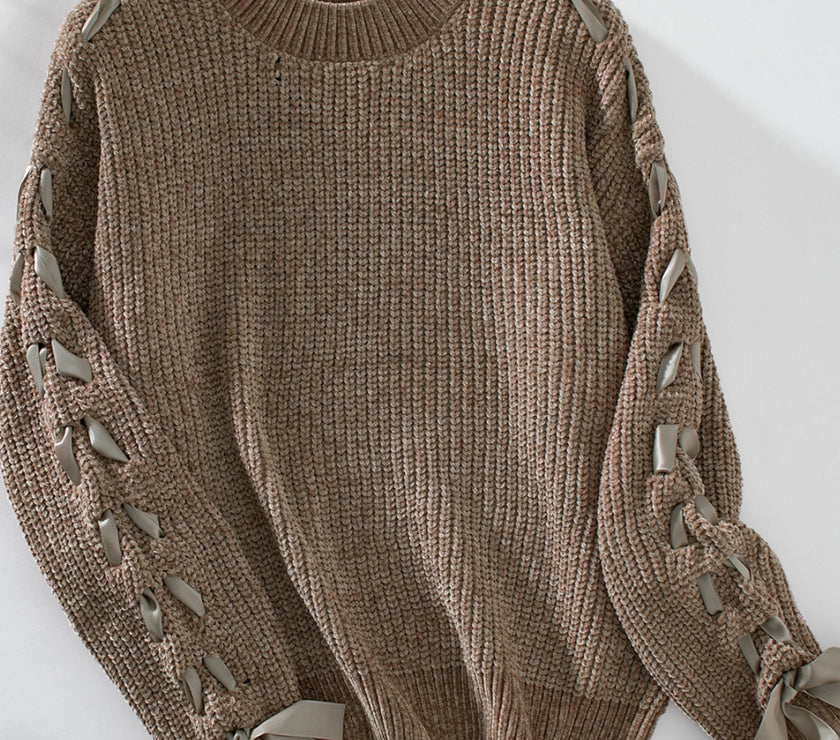 Lace Up Round Neck Long Sleeve Sweater