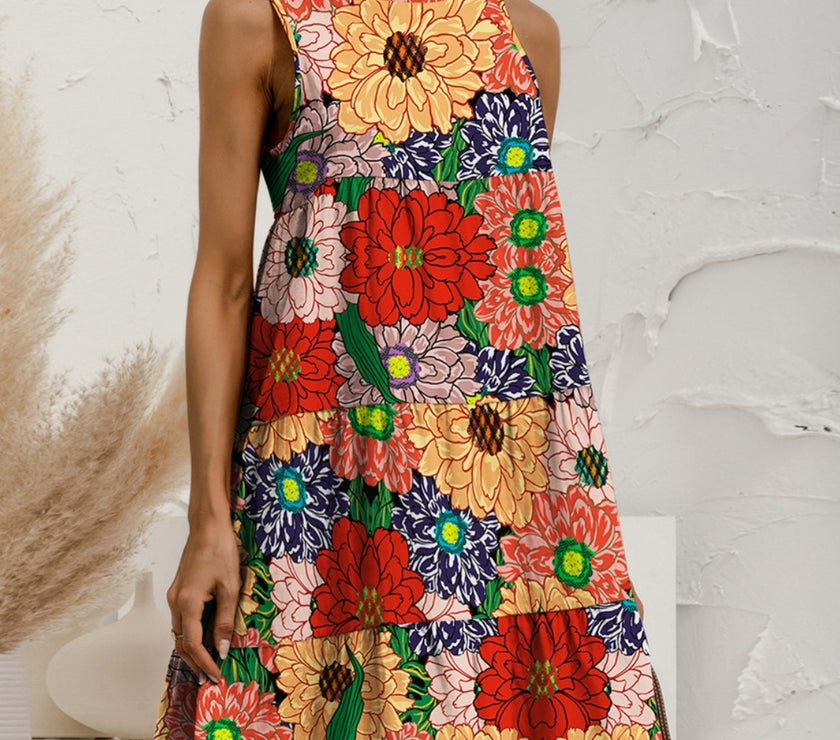 FAM-FAM Tiered Printed Round Neck Sleeveless Dress