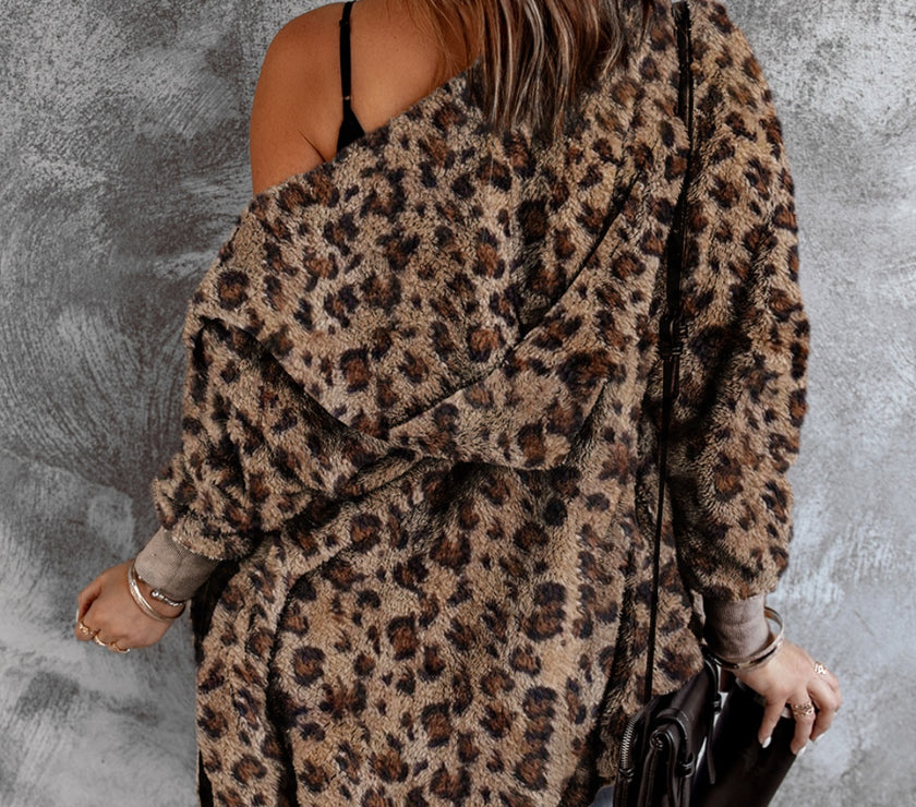 Fuzzy Leopard Long Sleeve Hooded Jacket