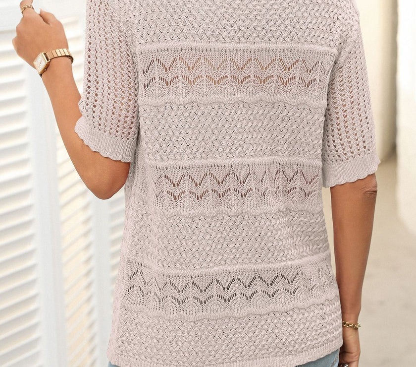 Mandy Openwork Round Neck Half Sleeve Knit Top