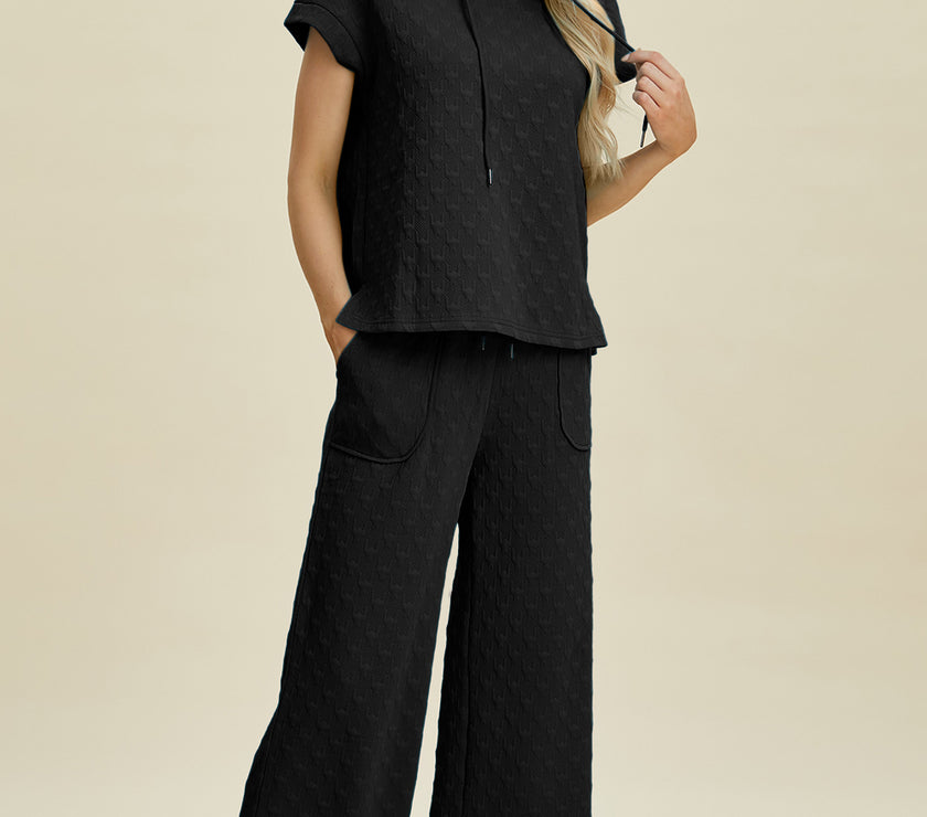 Double Take Full Size Texture Drawstring Short Sleeve Hoodie and Pocketed Pants Set