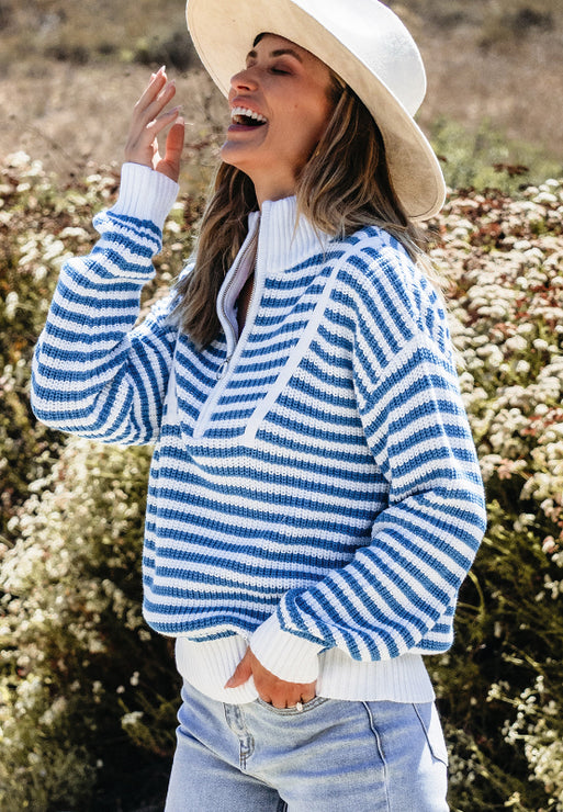 Striped Half Zip Mock Neck Long Sleeve Sweater