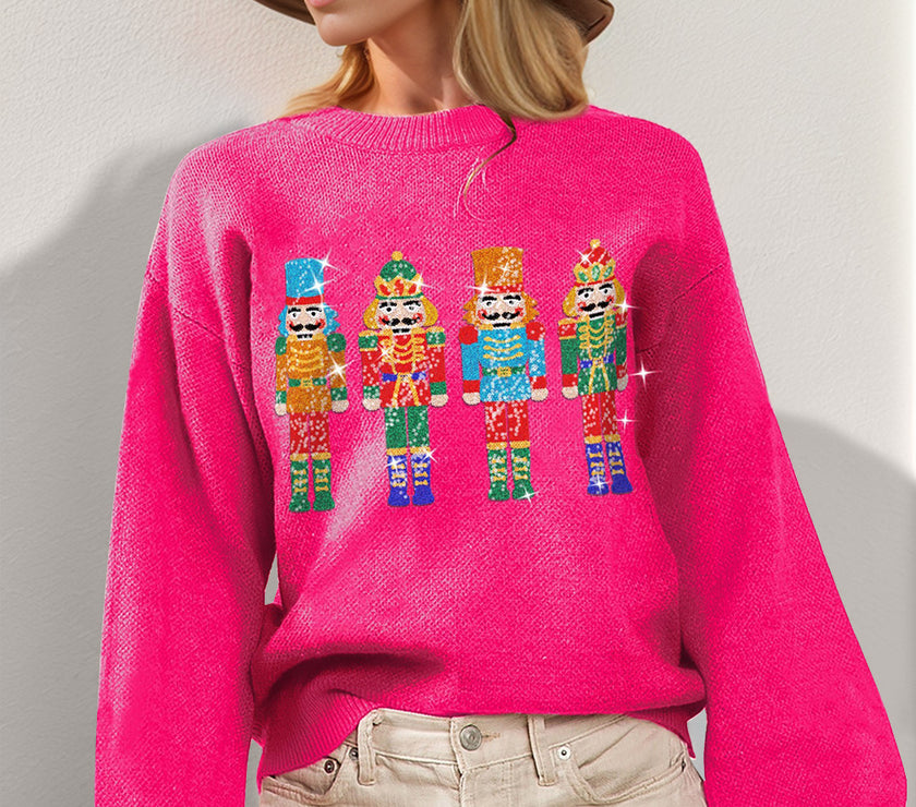 Double Take Full Size Sequin Nutcracker Long Sleeve Sweater