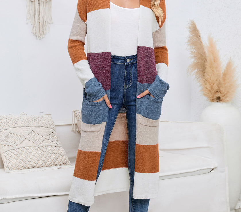 Long Color Block Open Front Pocketed Cardigan
