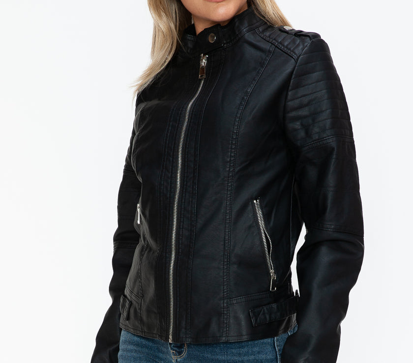 Snobbish PU Leather Biker Jacket with Side Zip Pockets