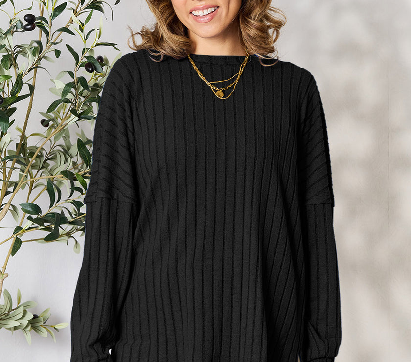 Basic Bae Full Size Ribbed Round Neck Slit Knit Top