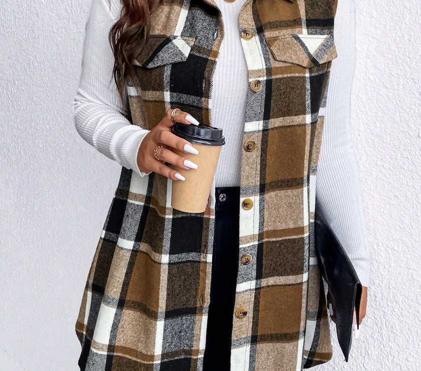 Honey Plus Size Pocketed Plaid Button Up Vest Coat